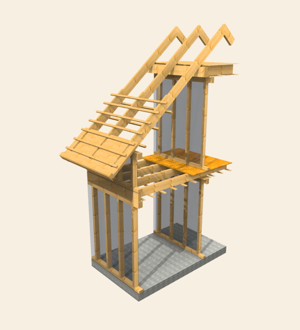 Holzrahmenbau-System mit mehreren Schichten als Wandaufbau